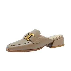 Square Toe Leather Chain Detail Slip-On Mules