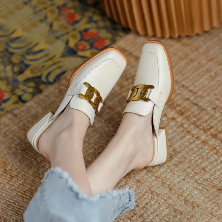 Square Toe Leather Chain Detail Slip-On Mules