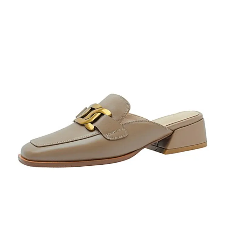 Square Toe Leather Chain Detail Slip-On Mules