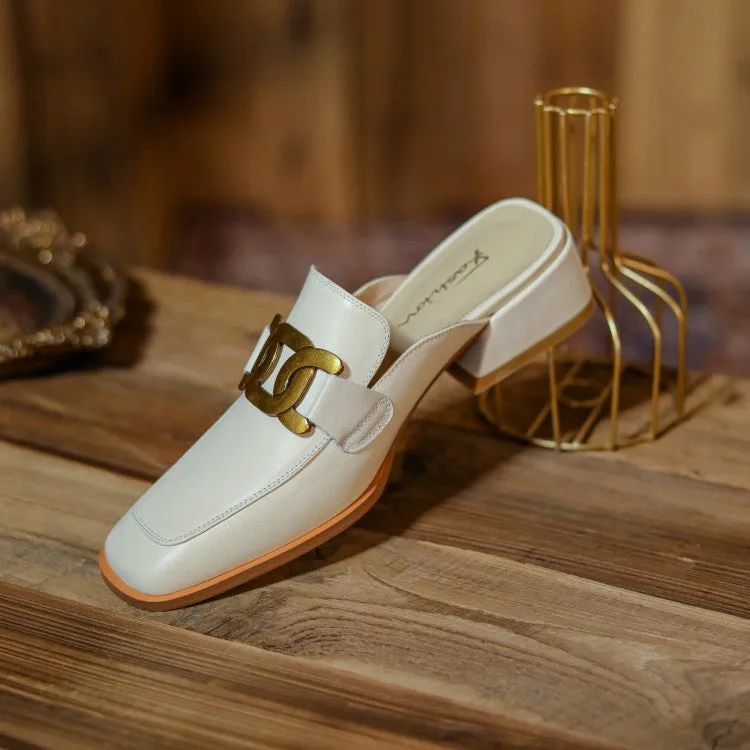 Square Toe Leather Chain Detail Slip-On Mules
