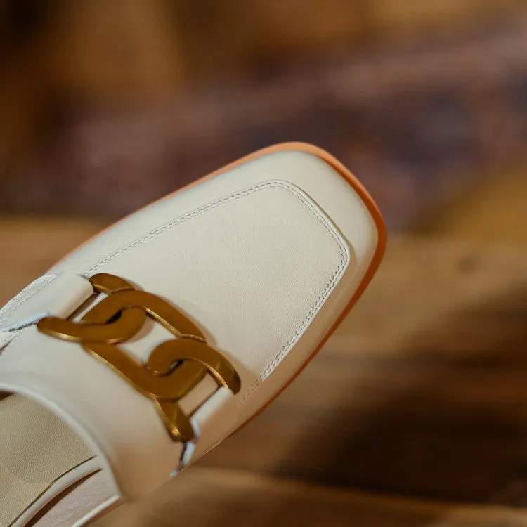 Square Toe Leather Chain Detail Slip-On Mules