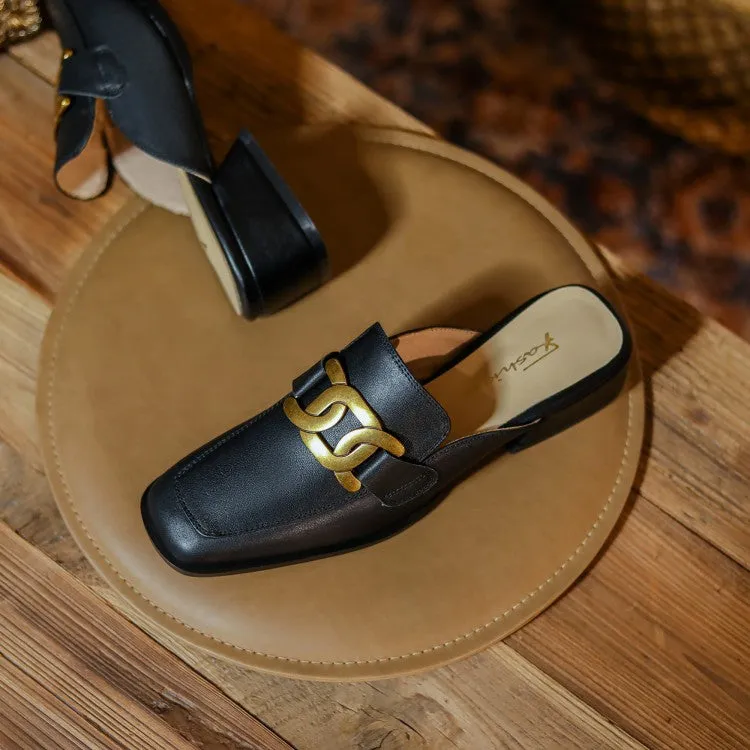 Square Toe Leather Chain Detail Slip-On Mules