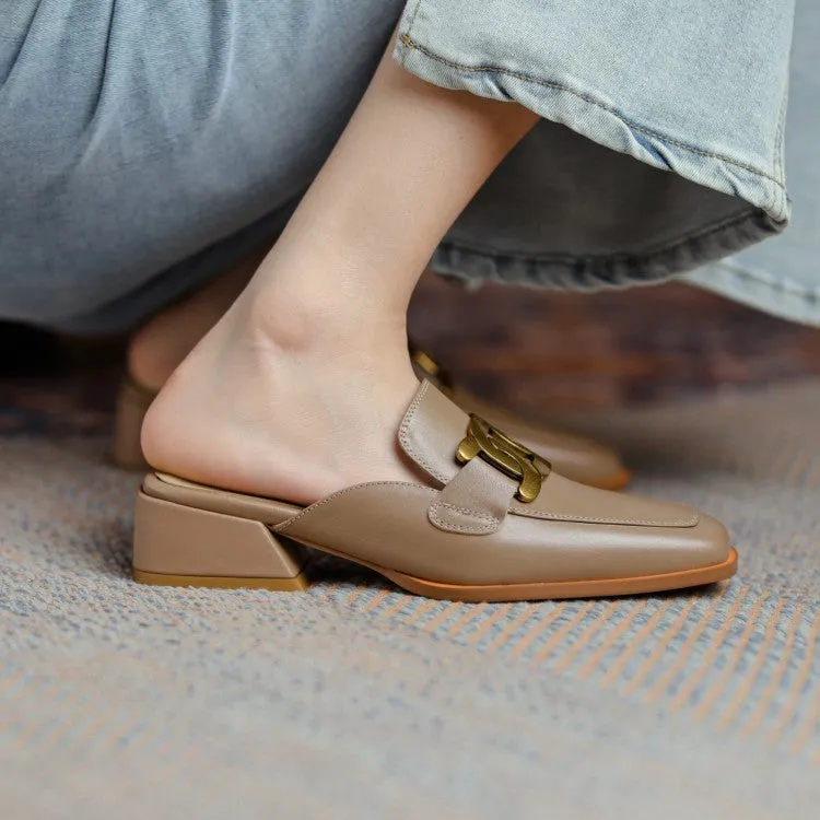 Square Toe Leather Chain Detail Slip-On Mules