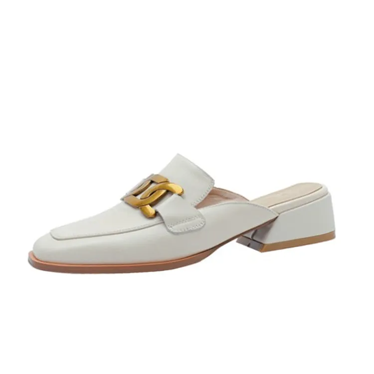 Square Toe Leather Chain Detail Slip-On Mules