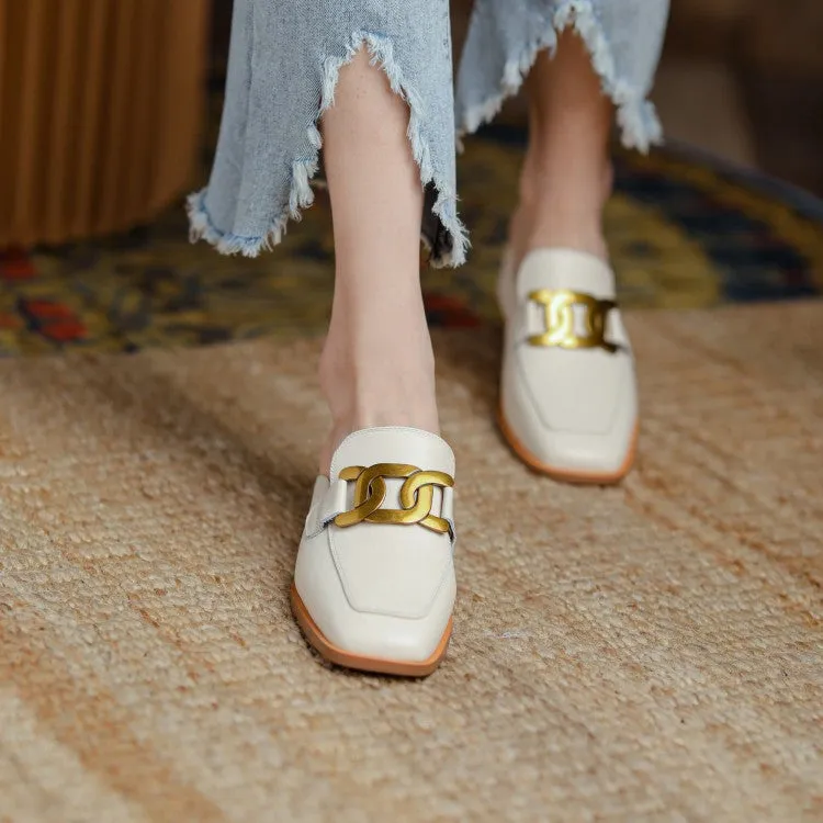 Square Toe Leather Chain Detail Slip-On Mules