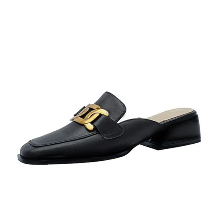 Square Toe Leather Chain Detail Slip-On Mules