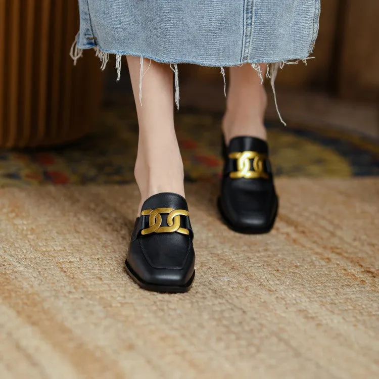 Square Toe Leather Chain Detail Slip-On Mules