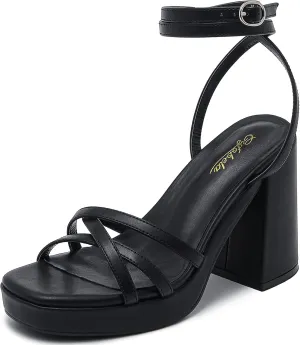 Strappy Platform Heels for Women Heeled Sandals with Lace Up Ankle Strap Square Open Toe Block Heels for Wedding Work Party Prom Dress