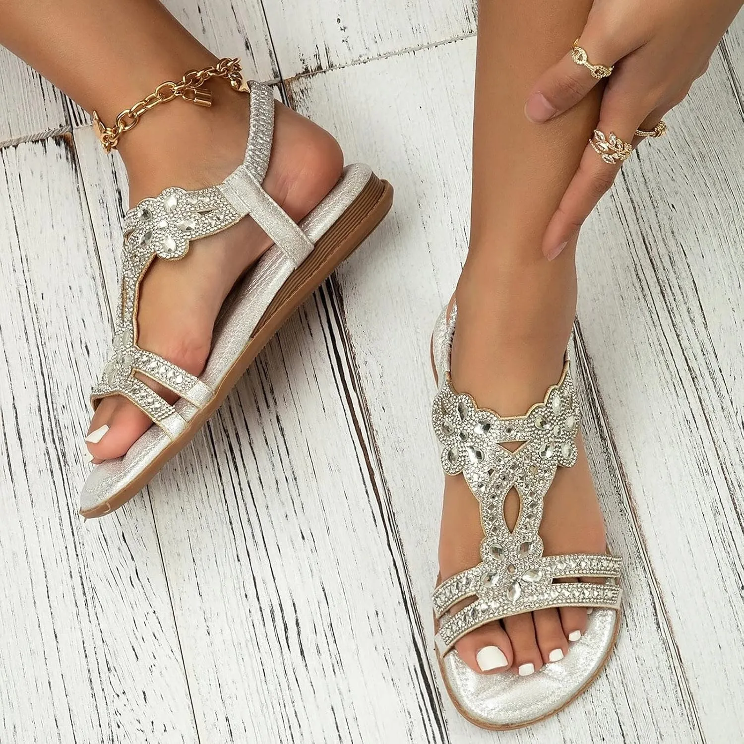 Summer Beach Sandals for Women 2025,Crystal Rhinestone Pearl Flat Sandals for Women Dressy Bling Sparkly Thong Sandals Comfortable T Strap Slip-On Shoes Casual Walking Sandals Strappy Sandals ﻿