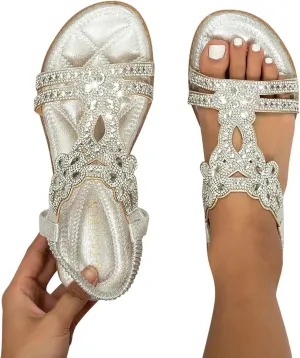 Summer Beach Sandals for Women 2025,Crystal Rhinestone Pearl Flat Sandals for Women Dressy Bling Sparkly Thong Sandals Comfortable T Strap Slip-On Shoes Casual Walking Sandals Strappy Sandals ﻿
