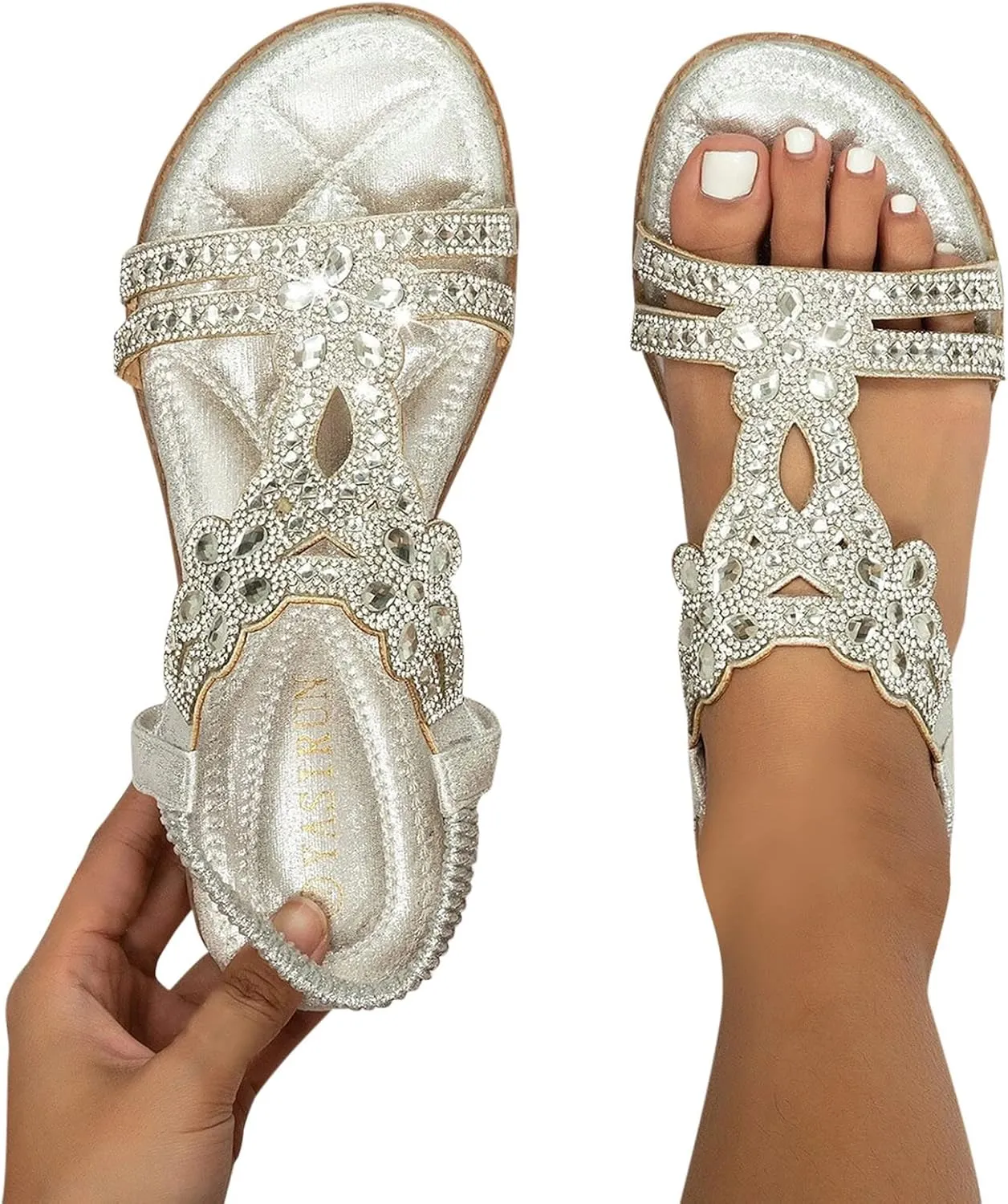 Summer Beach Sandals for Women 2025,Crystal Rhinestone Pearl Flat Sandals for Women Dressy Bling Sparkly Thong Sandals Comfortable T Strap Slip-On Shoes Casual Walking Sandals Strappy Sandals ﻿