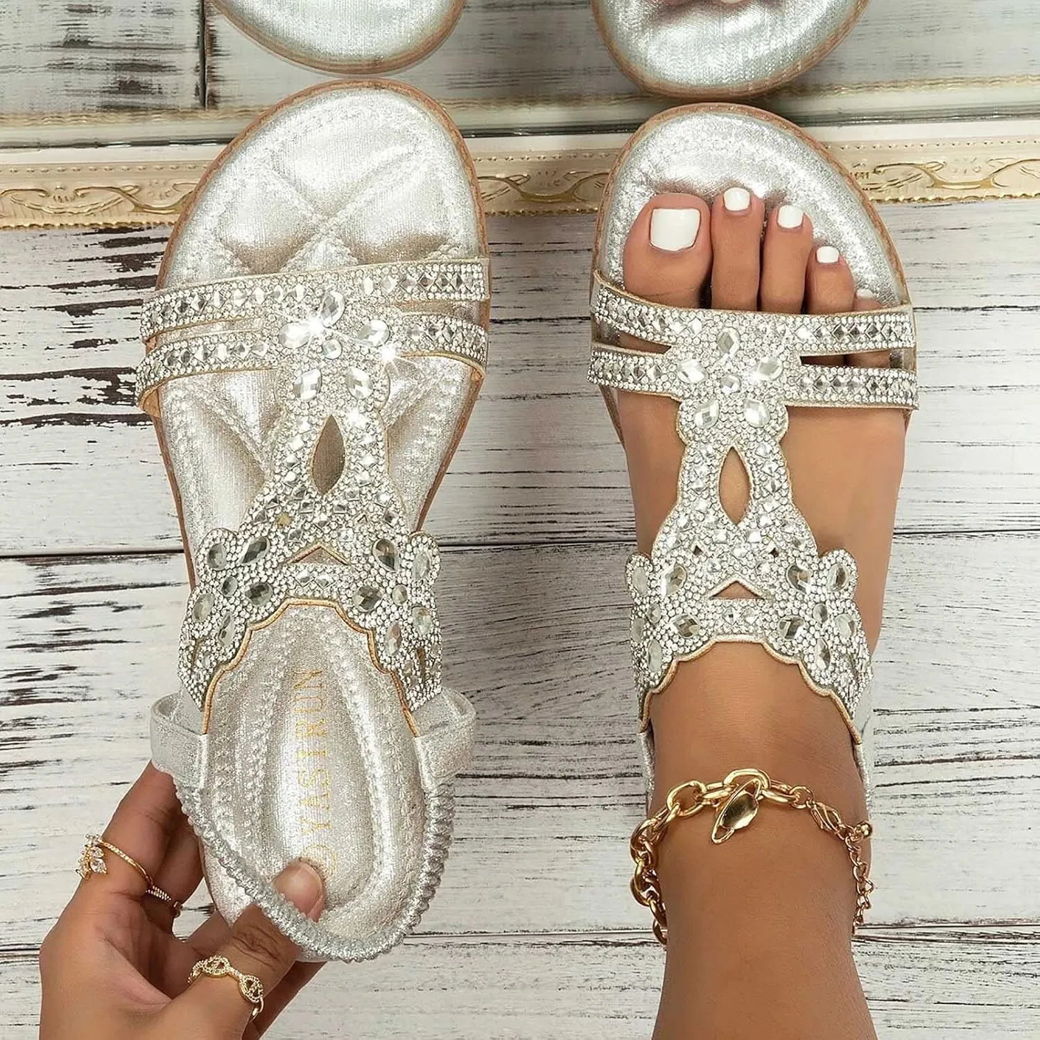 Summer Beach Sandals for Women 2025,Crystal Rhinestone Pearl Flat Sandals for Women Dressy Bling Sparkly Thong Sandals Comfortable T Strap Slip-On Shoes Casual Walking Sandals Strappy Sandals ﻿