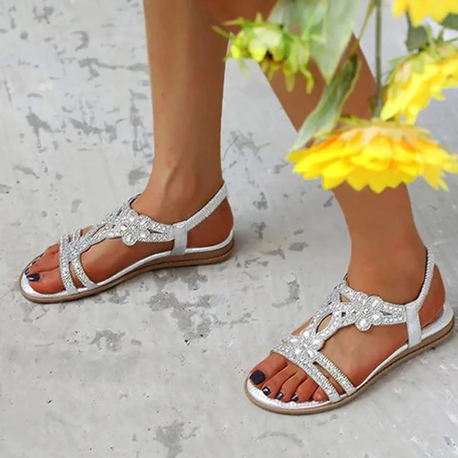 Summer Beach Sandals for Women 2025,Crystal Rhinestone Pearl Flat Sandals for Women Dressy Bling Sparkly Thong Sandals Comfortable T Strap Slip-On Shoes Casual Walking Sandals Strappy Sandals ﻿