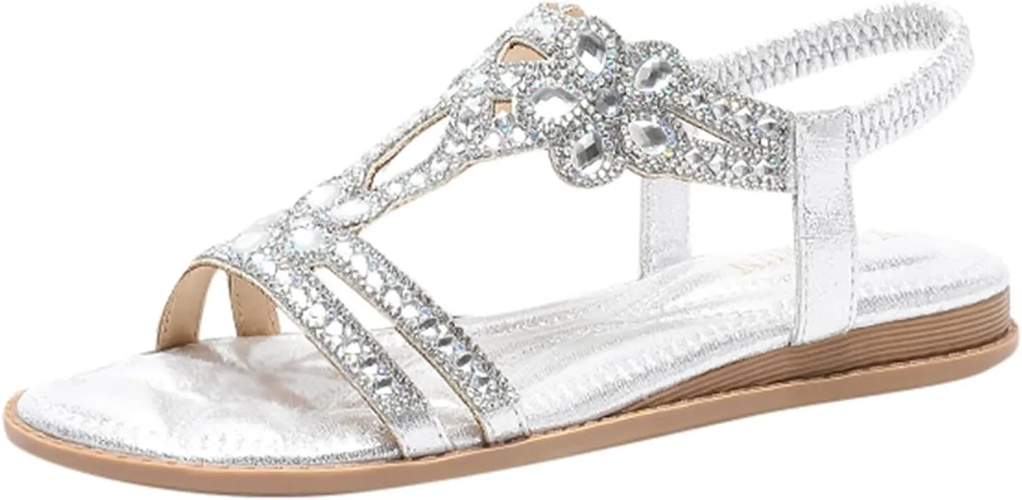 Summer Beach Sandals for Women 2025,Crystal Rhinestone Pearl Flat Sandals for Women Dressy Bling Sparkly Thong Sandals Comfortable T Strap Slip-On Shoes Casual Walking Sandals Strappy Sandals ﻿