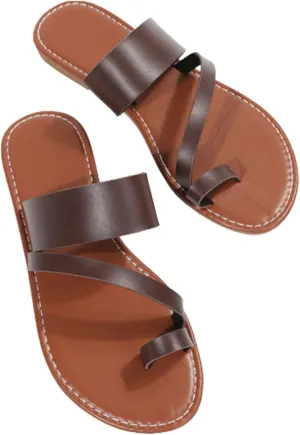 Summer Womens Casual Flat Sandals Vintage Straps Toe Ring Clip Toe Slip on Slides Lightweight Outdoor Slippers Comfortable Ladies Beach Shoes