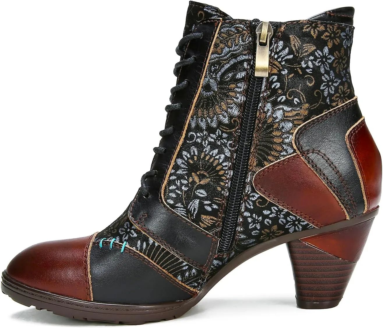 Superladystar's Retro Handmade Leather Ankle Boots, Mid heels, Comfortable, Boots, Colorful Painting, Metallic Style - Fashion