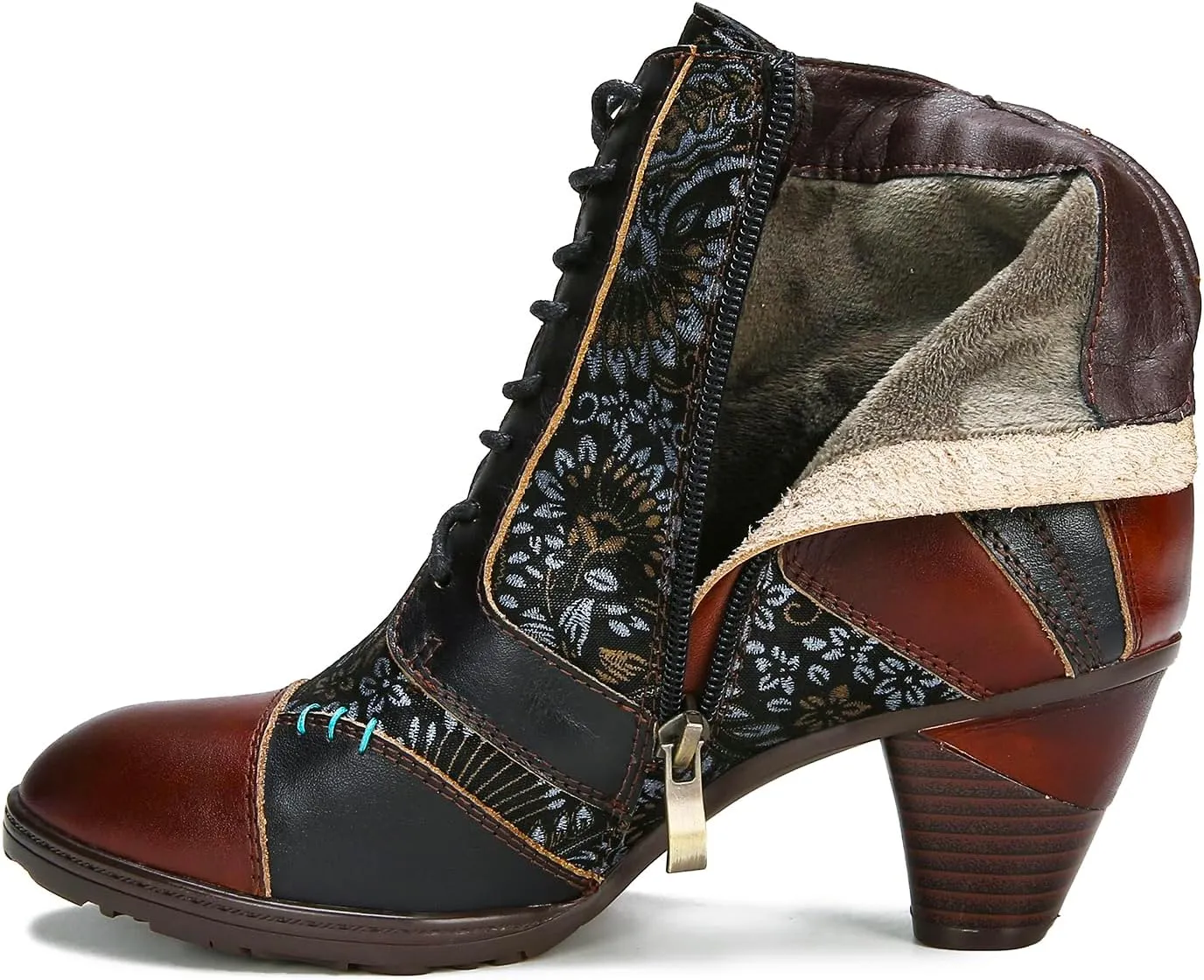 Superladystar's Retro Handmade Leather Ankle Boots, Mid heels, Comfortable, Boots, Colorful Painting, Metallic Style - Fashion
