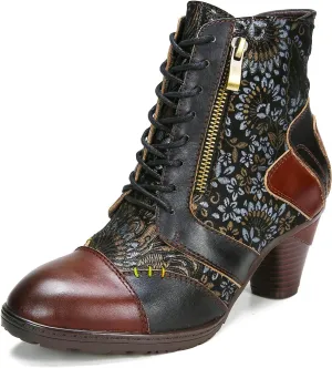 Superladystar's Retro Handmade Leather Ankle Boots, Mid heels, Comfortable, Boots, Colorful Painting, Metallic Style - Fashion
