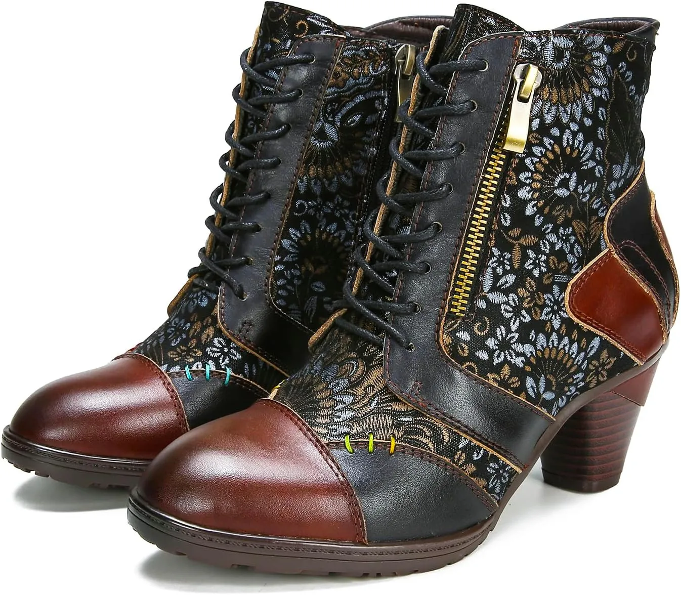 Superladystar's Retro Handmade Leather Ankle Boots, Mid heels, Comfortable, Boots, Colorful Painting, Metallic Style - Fashion