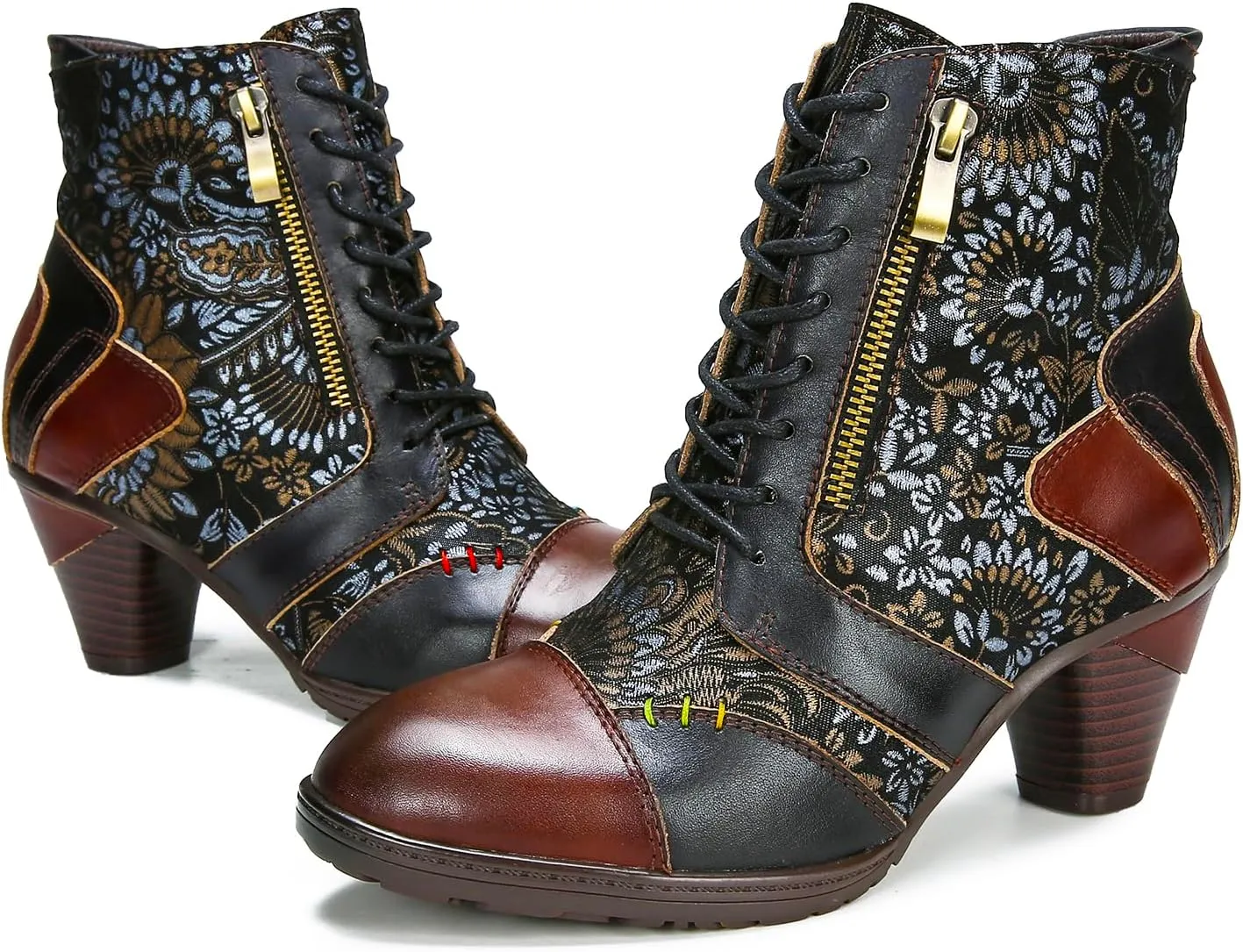 Superladystar's Retro Handmade Leather Ankle Boots, Mid heels, Comfortable, Boots, Colorful Painting, Metallic Style - Fashion