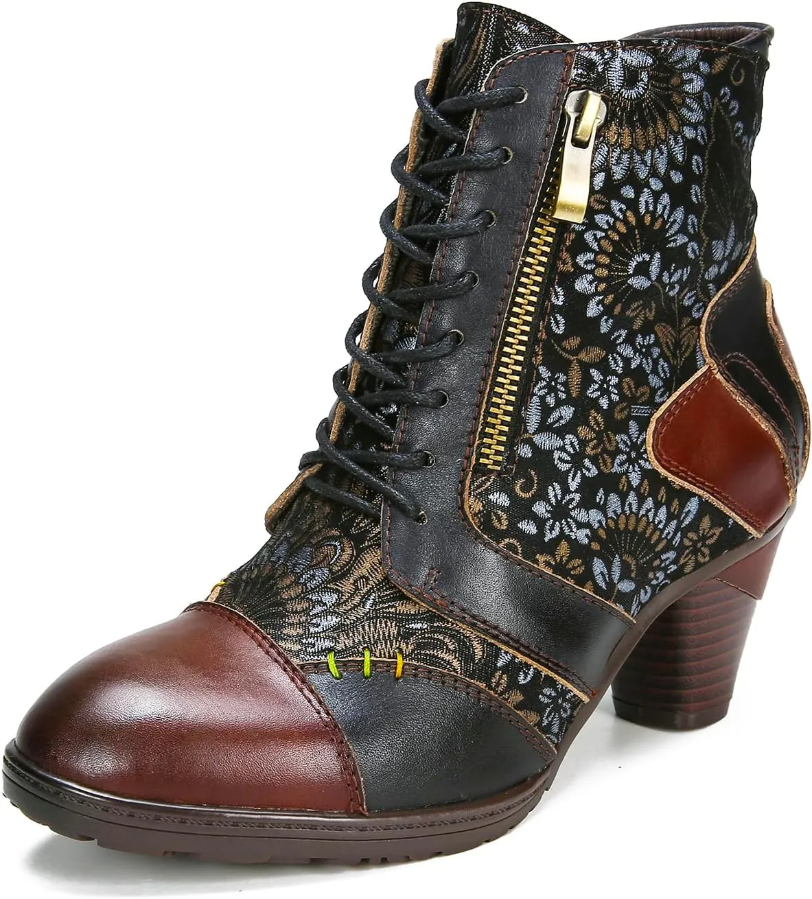 Superladystar's Retro Handmade Leather Ankle Boots, Mid heels, Comfortable, Boots, Colorful Painting, Metallic Style - Fashion