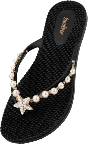 Swalker Woman's Sandal Flip Flop With Rhinestone in Recyclable Rubber Sole, Crystal Thong