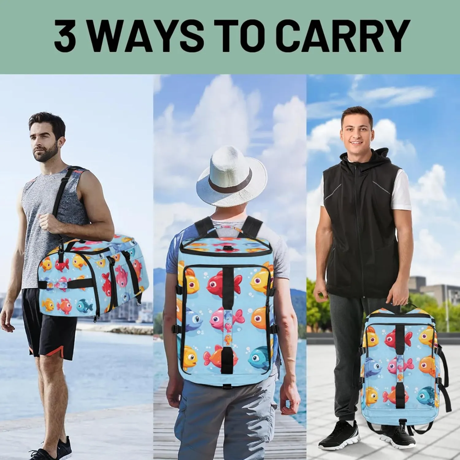 Tactical Sports Duffle Bag for Travel Waterproof Gym Bag with Shoe Compartment 48L Carry On Luggage for Men & Women 3-in-1 Durable Travel Luggage Cartoon Animal Fish