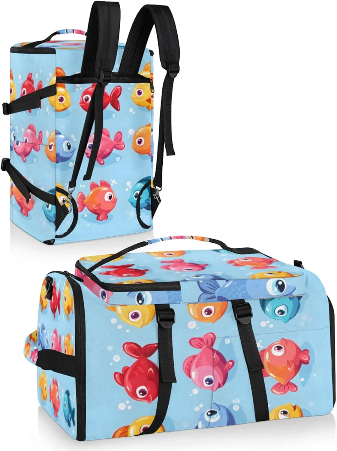 Tactical Sports Duffle Bag for Travel Waterproof Gym Bag with Shoe Compartment 48L Carry On Luggage for Men & Women 3-in-1 Durable Travel Luggage Cartoon Animal Fish