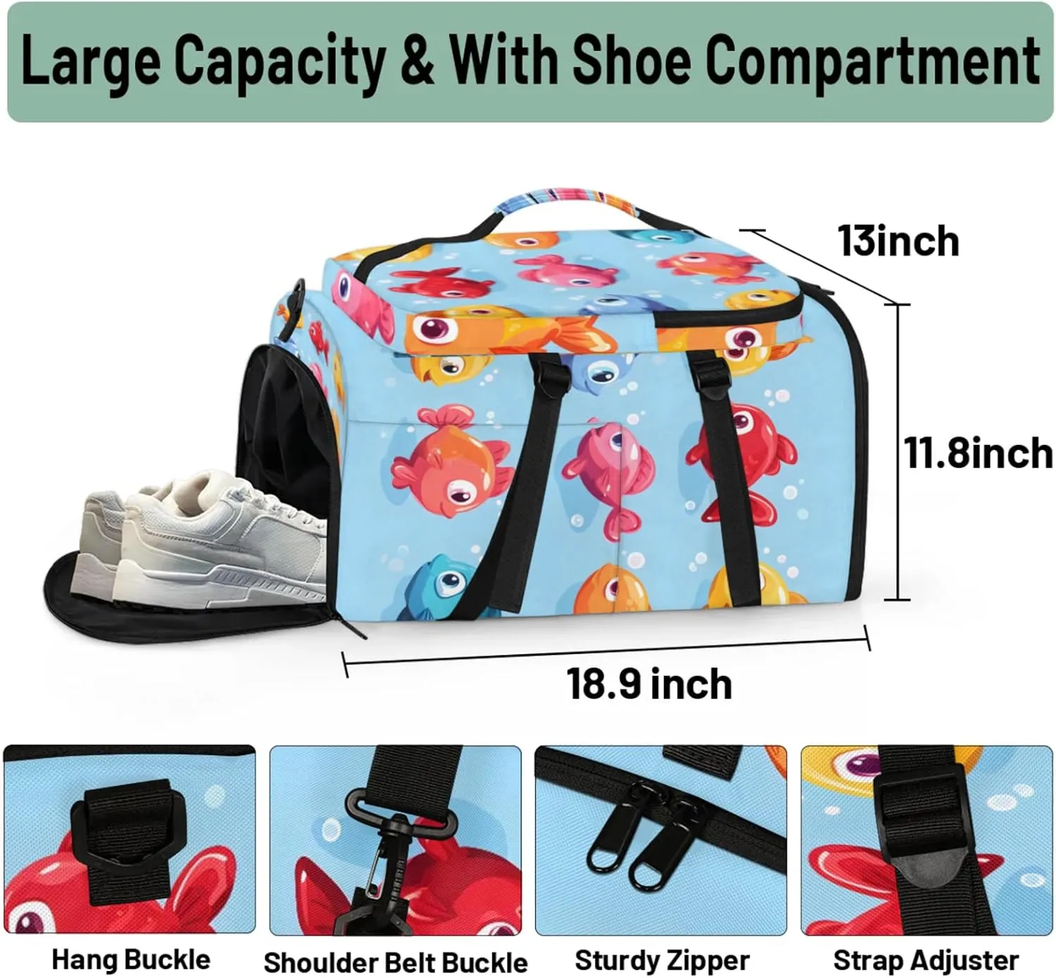 Tactical Sports Duffle Bag for Travel Waterproof Gym Bag with Shoe Compartment 48L Carry On Luggage for Men & Women 3-in-1 Durable Travel Luggage Cartoon Animal Fish