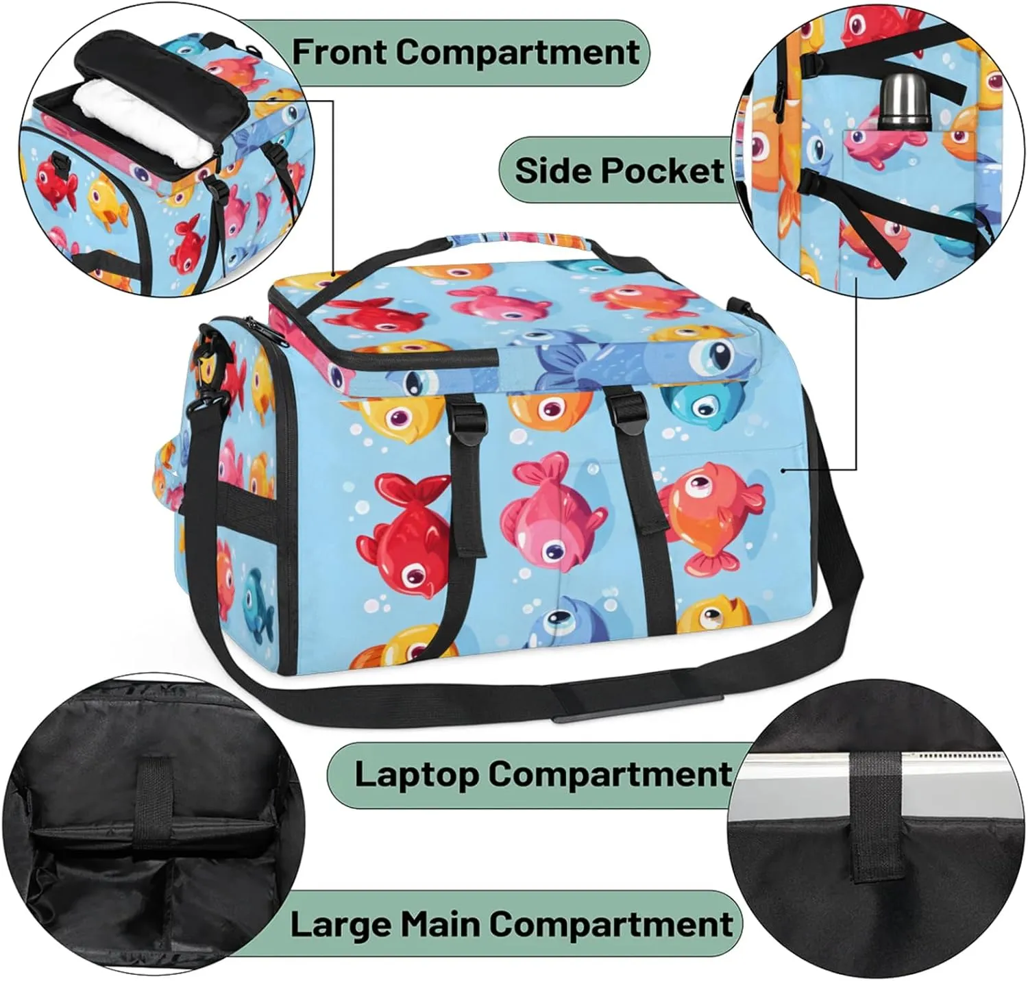 Tactical Sports Duffle Bag for Travel Waterproof Gym Bag with Shoe Compartment 48L Carry On Luggage for Men & Women 3-in-1 Durable Travel Luggage Cartoon Animal Fish