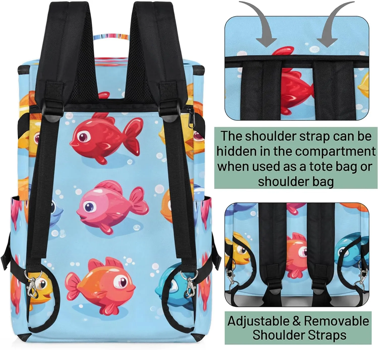 Tactical Sports Duffle Bag for Travel Waterproof Gym Bag with Shoe Compartment 48L Carry On Luggage for Men & Women 3-in-1 Durable Travel Luggage Cartoon Animal Fish