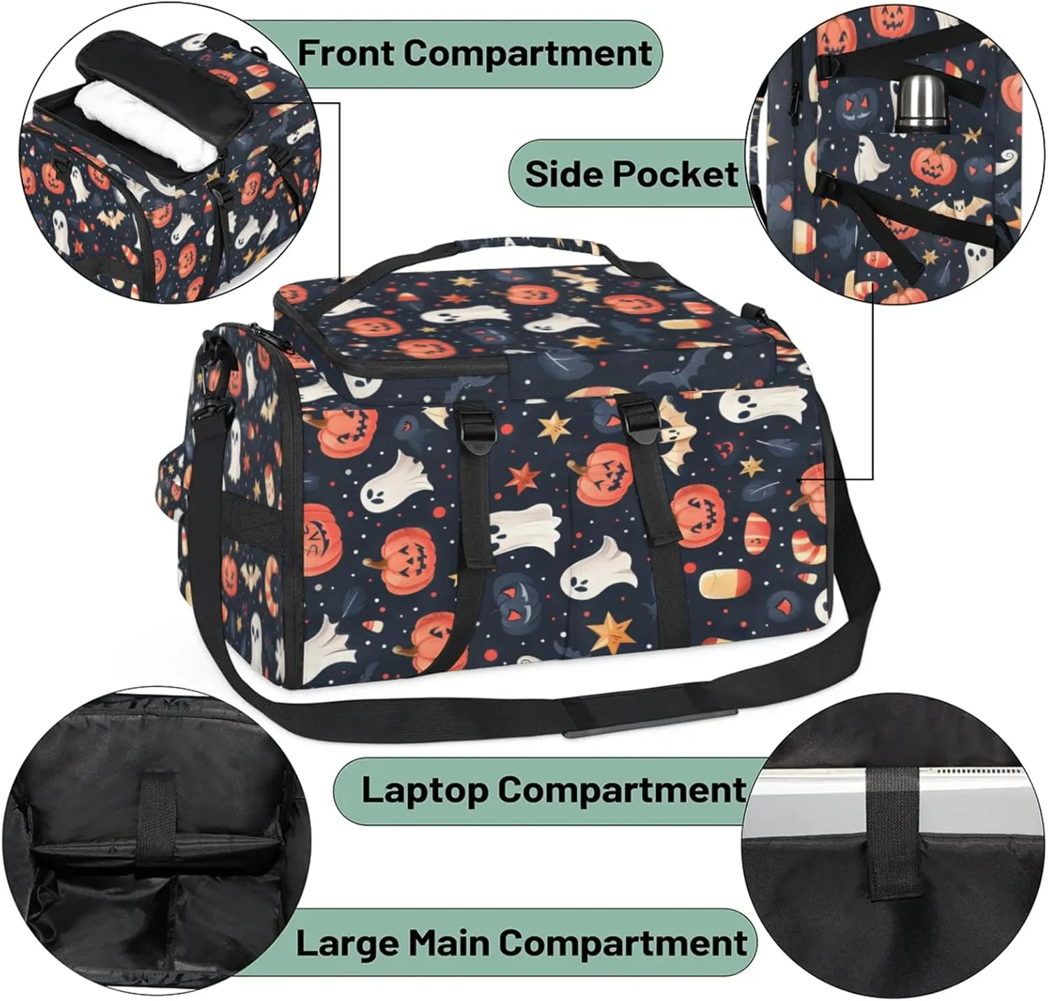 Tactical Sports Duffle Bag for Travel Waterproof Gym Bag with Shoe Compartment 48L Carry On Luggage for Men & Women 3-in-1 Durable Travel Luggage Cartoon Halloween Bats