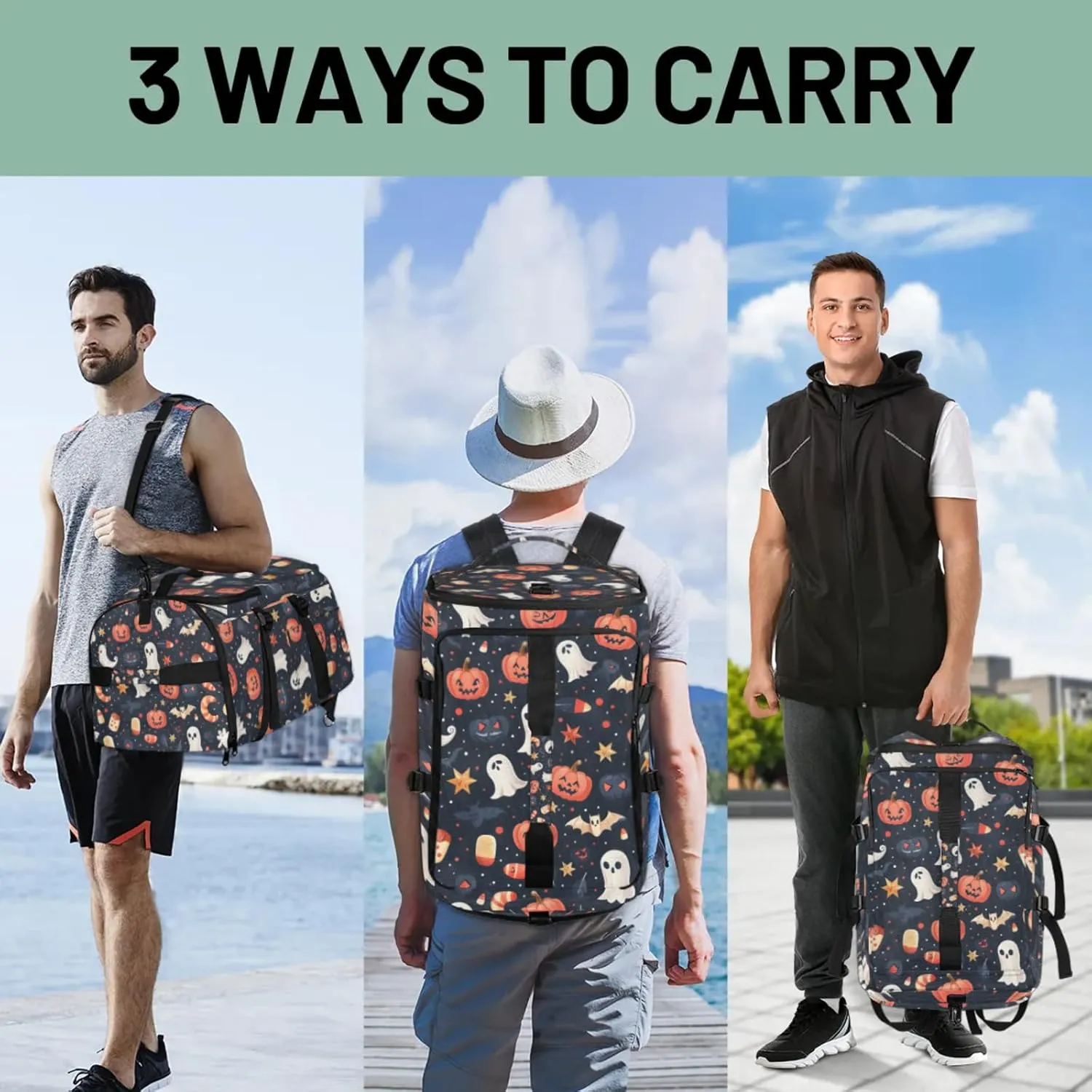 Tactical Sports Duffle Bag for Travel Waterproof Gym Bag with Shoe Compartment 48L Carry On Luggage for Men & Women 3-in-1 Durable Travel Luggage Cartoon Halloween Bats