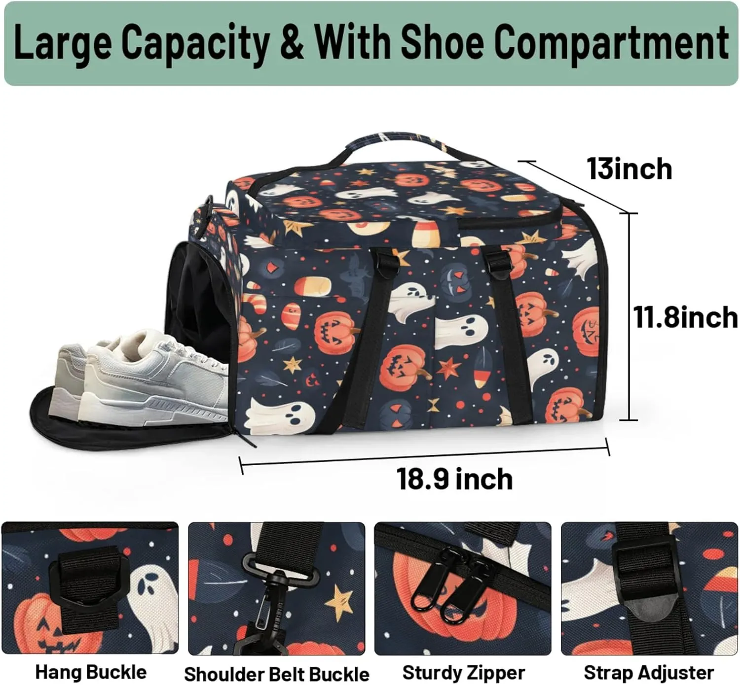 Tactical Sports Duffle Bag for Travel Waterproof Gym Bag with Shoe Compartment 48L Carry On Luggage for Men & Women 3-in-1 Durable Travel Luggage Cartoon Halloween Bats
