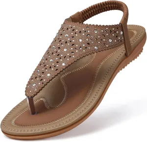 TEMOFON Flats Sandals for Women Dressy: Elastic Ankle Strap Flat - T-Strap Thong Sandal Women - Comfortable Beach Sandals Size 5-10