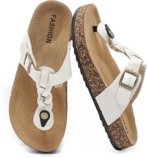 Thong Sandals for Women & Men，Non-slip Flip Flops with Cork Footbed Adjustable Buckle Summer Women Footwear Beach Essentials Slides