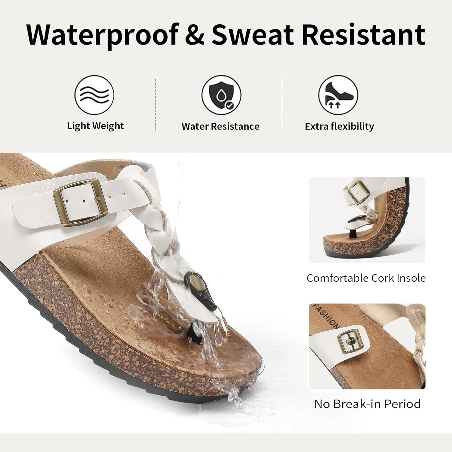 Thong Sandals for Women & Men，Non-slip Flip Flops with Cork Footbed Adjustable Buckle Summer Women Footwear Beach Essentials Slides
