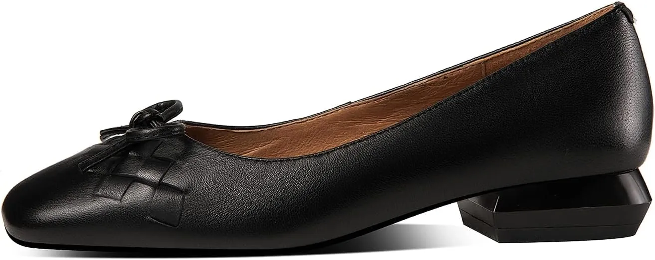 TinaCus Women's Genuine Leather Handmade Square Toe Block Heel Comfortable Walking Loafers with Bowtie