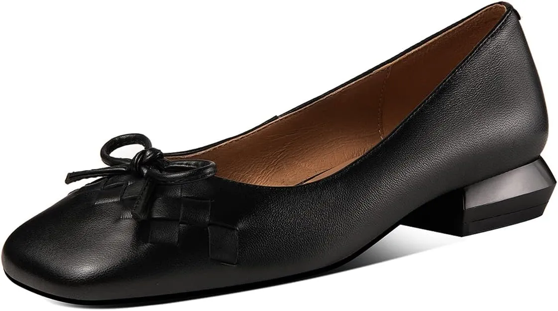 TinaCus Women's Genuine Leather Handmade Square Toe Block Heel Comfortable Walking Loafers with Bowtie