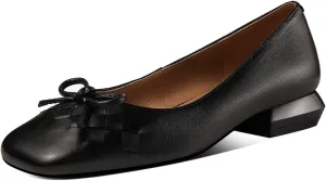 TinaCus Women's Genuine Leather Handmade Square Toe Block Heel Comfortable Walking Loafers with Bowtie