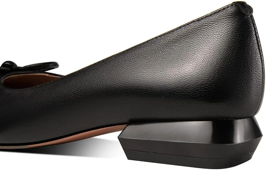 TinaCus Women's Genuine Leather Handmade Square Toe Block Heel Comfortable Walking Loafers with Bowtie
