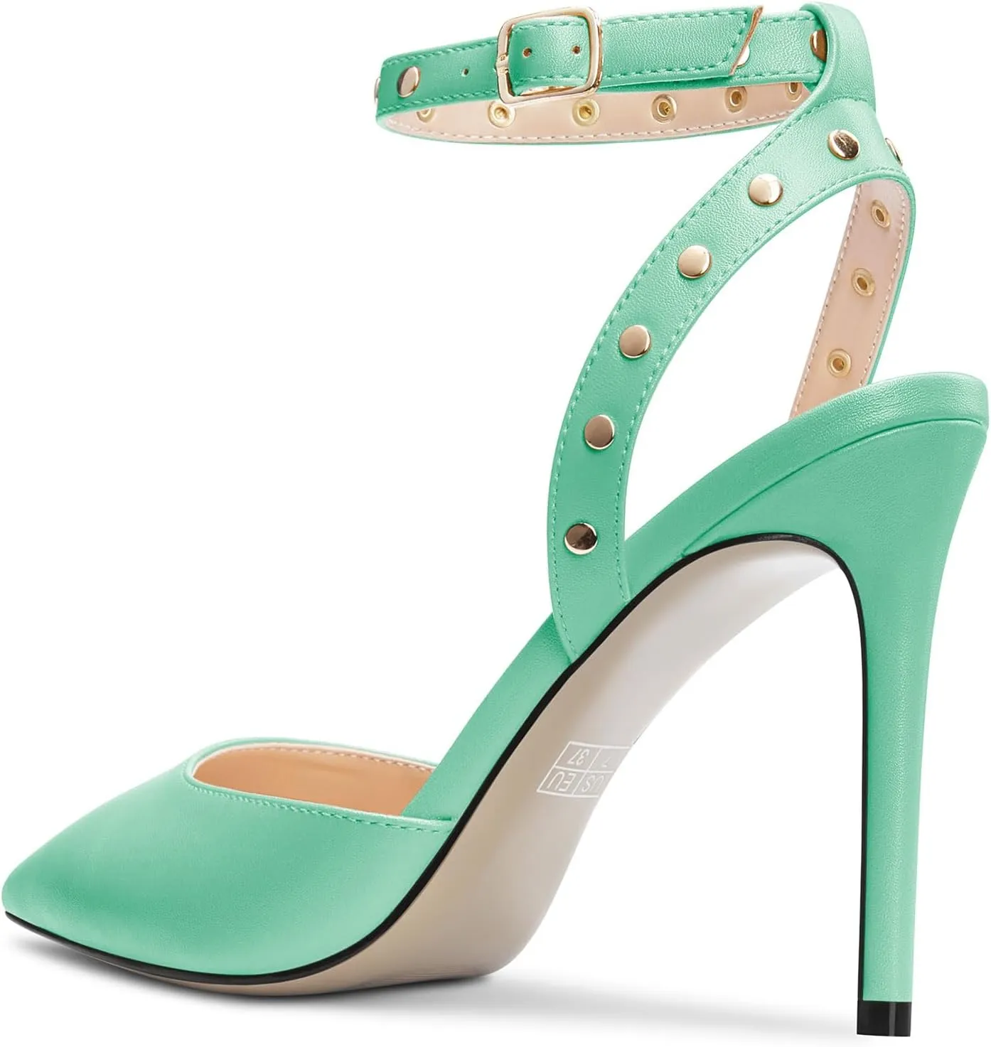 TNYNFBEB Womens Stiletto High Heel Pointed Toe Pumps Ankle Strap Slingback Buckle Studded Rivets Party Basic Classic Summer 3.9 Inches Heels