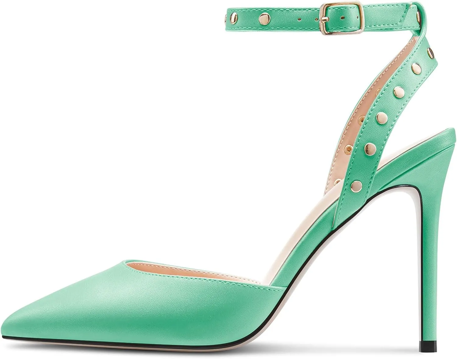 TNYNFBEB Womens Stiletto High Heel Pointed Toe Pumps Ankle Strap Slingback Buckle Studded Rivets Party Basic Classic Summer 3.9 Inches Heels