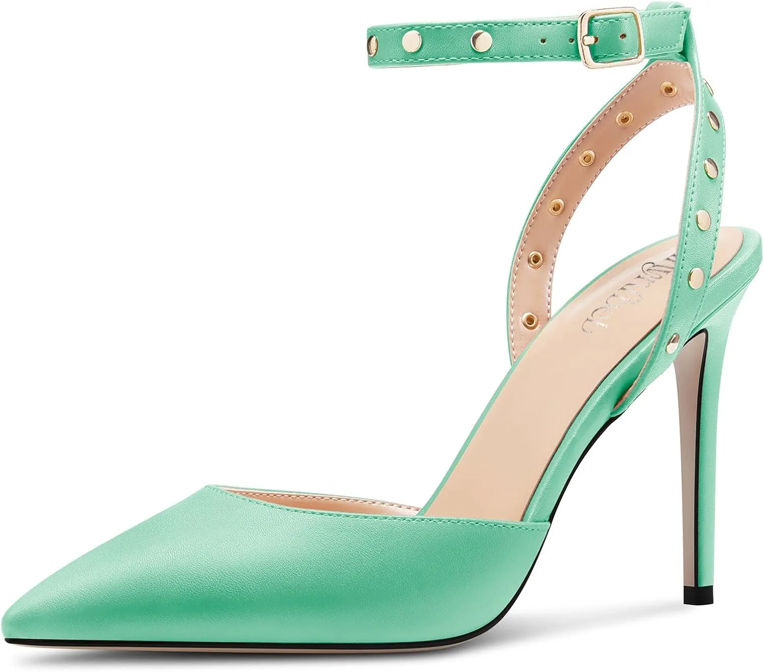 TNYNFBEB Womens Stiletto High Heel Pointed Toe Pumps Ankle Strap Slingback Buckle Studded Rivets Party Basic Classic Summer 3.9 Inches Heels