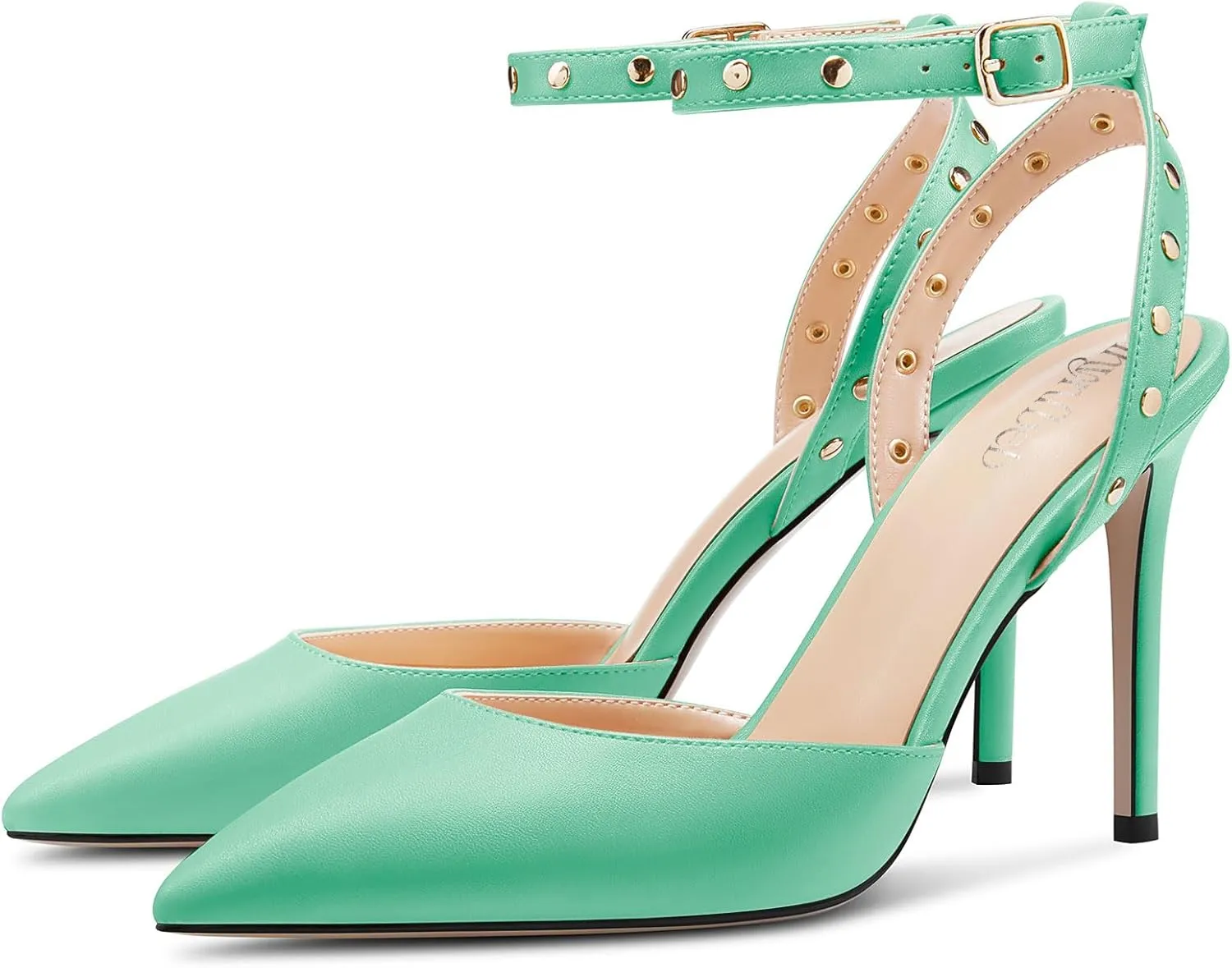TNYNFBEB Womens Stiletto High Heel Pointed Toe Pumps Ankle Strap Slingback Buckle Studded Rivets Party Basic Classic Summer 3.9 Inches Heels