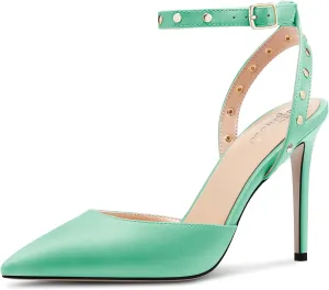 TNYNFBEB Womens Stiletto High Heel Pointed Toe Pumps Ankle Strap Slingback Buckle Studded Rivets Party Basic Classic Summer 3.9 Inches Heels