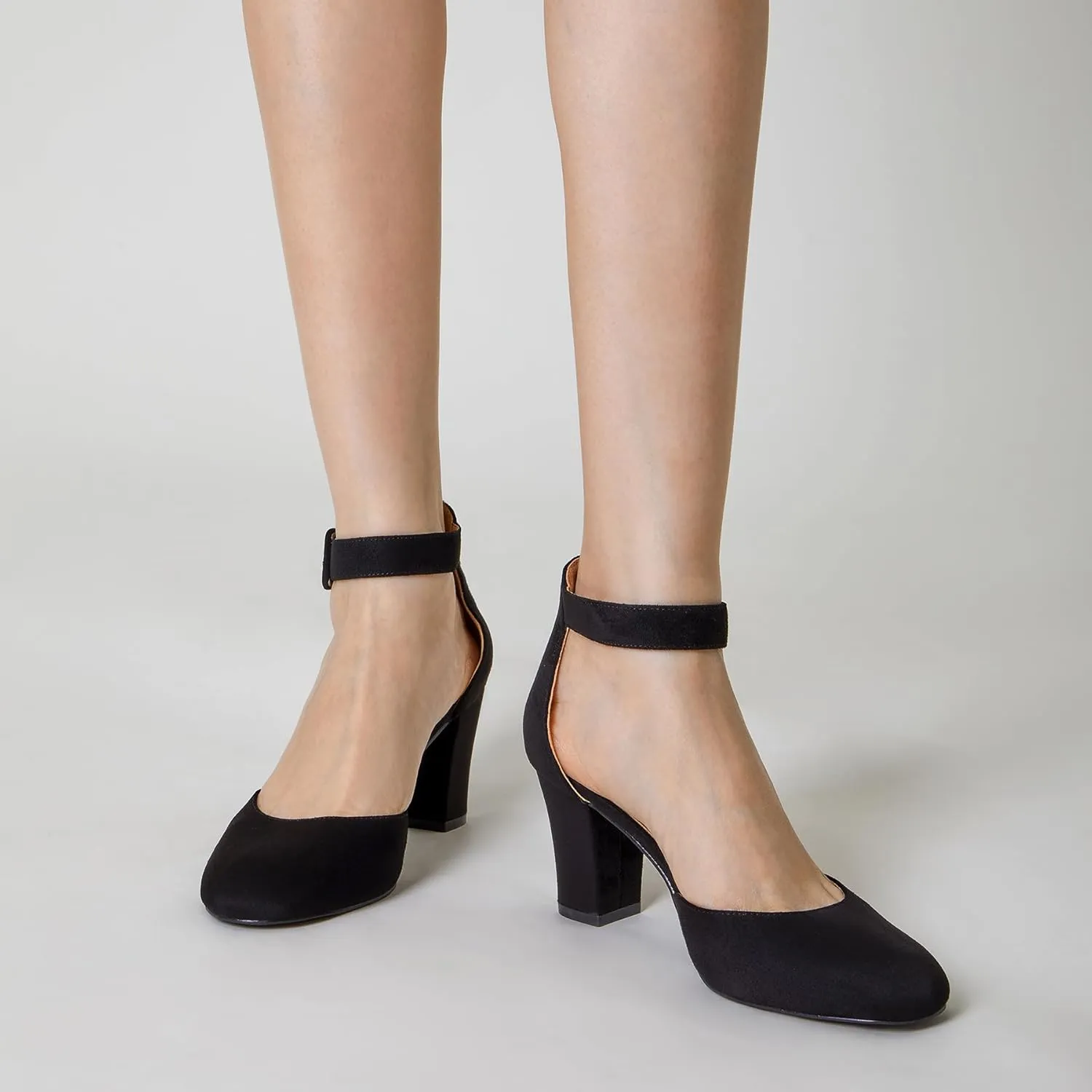 Trary Heels for Women, Low Heel Closed Round Toe Chunky Block Nude Heels Adjustable Ankle Strap Comfy Pumps Shoes Black Heels for Women Versatility Heels Wedding Daily Dressy 2.75" Heels