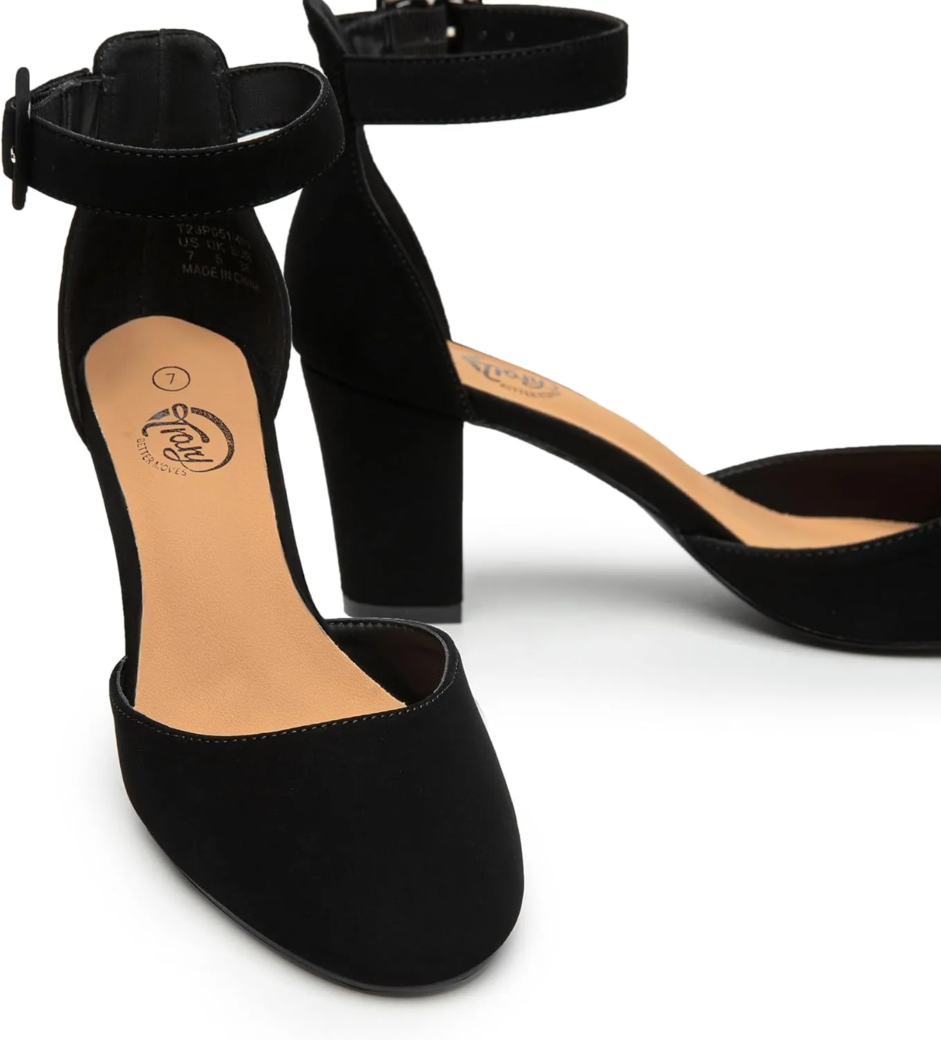 Trary Heels for Women, Low Heel Closed Round Toe Chunky Block Nude Heels Adjustable Ankle Strap Comfy Pumps Shoes Black Heels for Women Versatility Heels Wedding Daily Dressy 2.75" Heels