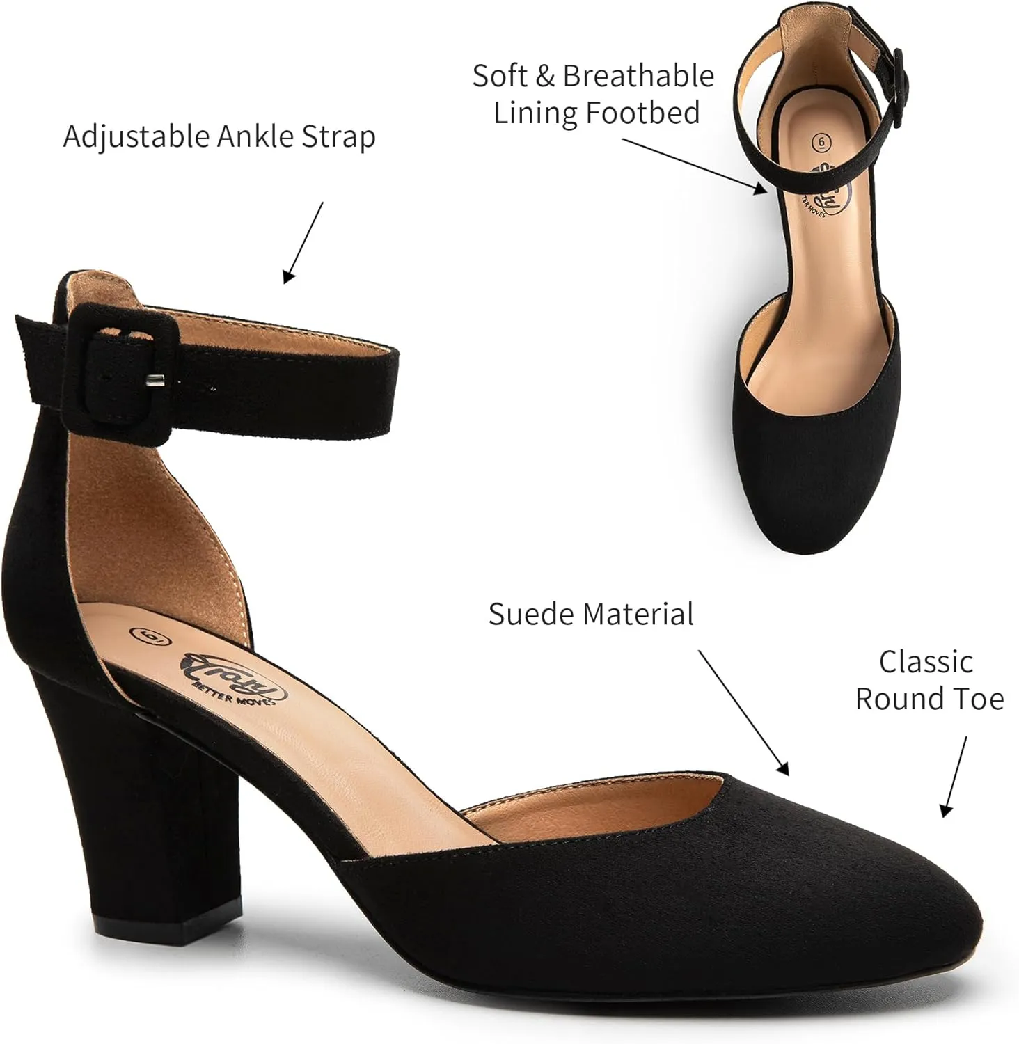 Trary Heels for Women, Low Heel Closed Round Toe Chunky Block Nude Heels Adjustable Ankle Strap Comfy Pumps Shoes Black Heels for Women Versatility Heels Wedding Daily Dressy 2.75" Heels