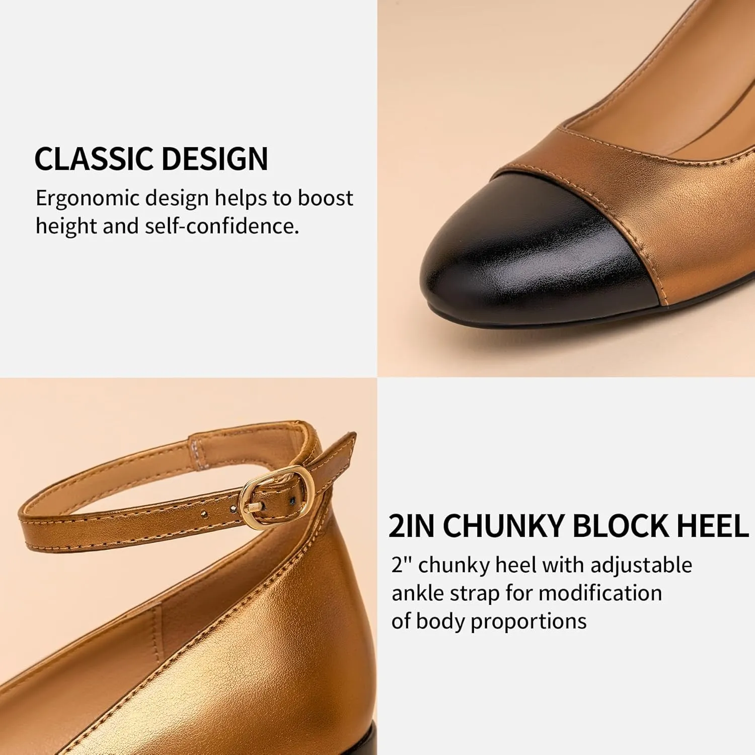 Trary Women's Pumps Shoes,White Nude Gold Heels,Closed Toe Heels for Women,Chunky High Heels for Women,Cap Toe Pumps Shoes,Casual Wedding Dress Shoes for Women